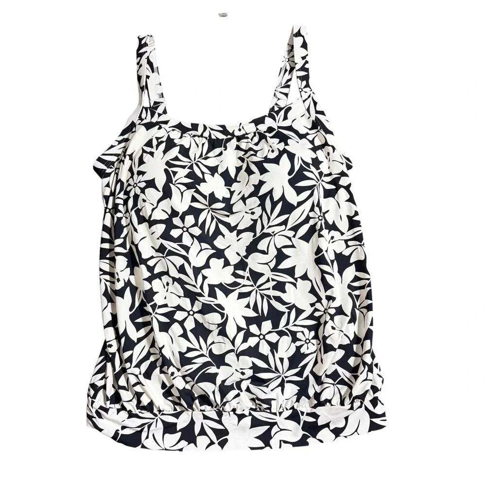 Lands End Womens Black White Floral Blouson Tankini Swim Top Size 8 522625